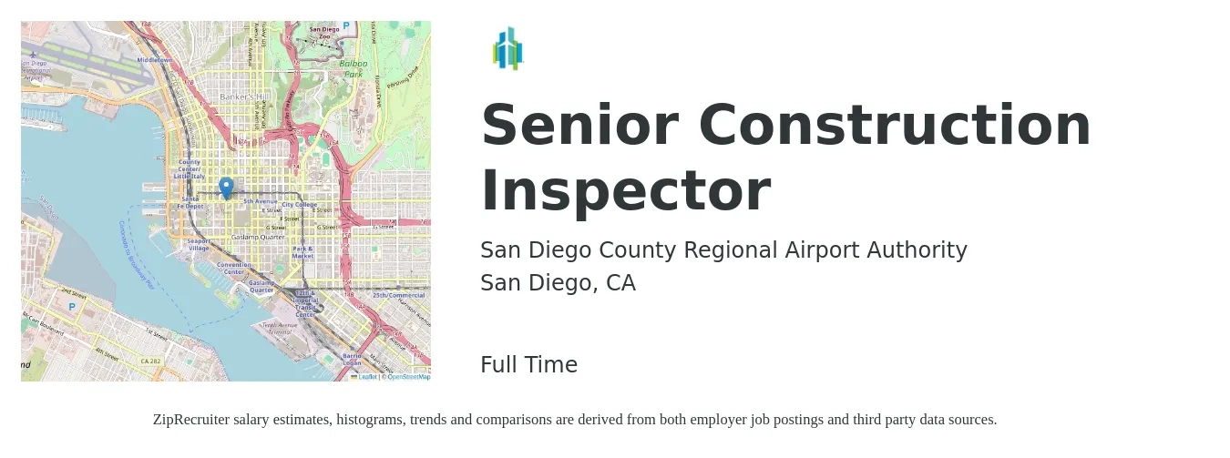 San Diego County Regional Airport Authority job posting for a Senior Construction Inspector in San Diego, CA with a salary of $69,833 to $111,733 Yearly with a map of San Diego location.