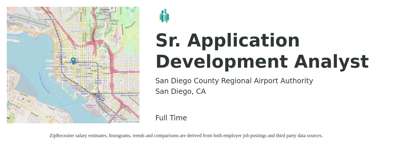 San Diego County Regional Airport Authority job posting for a Sr. Application Development Analyst in San Diego, CA with a salary of $98,847 Yearly with a map of San Diego location.