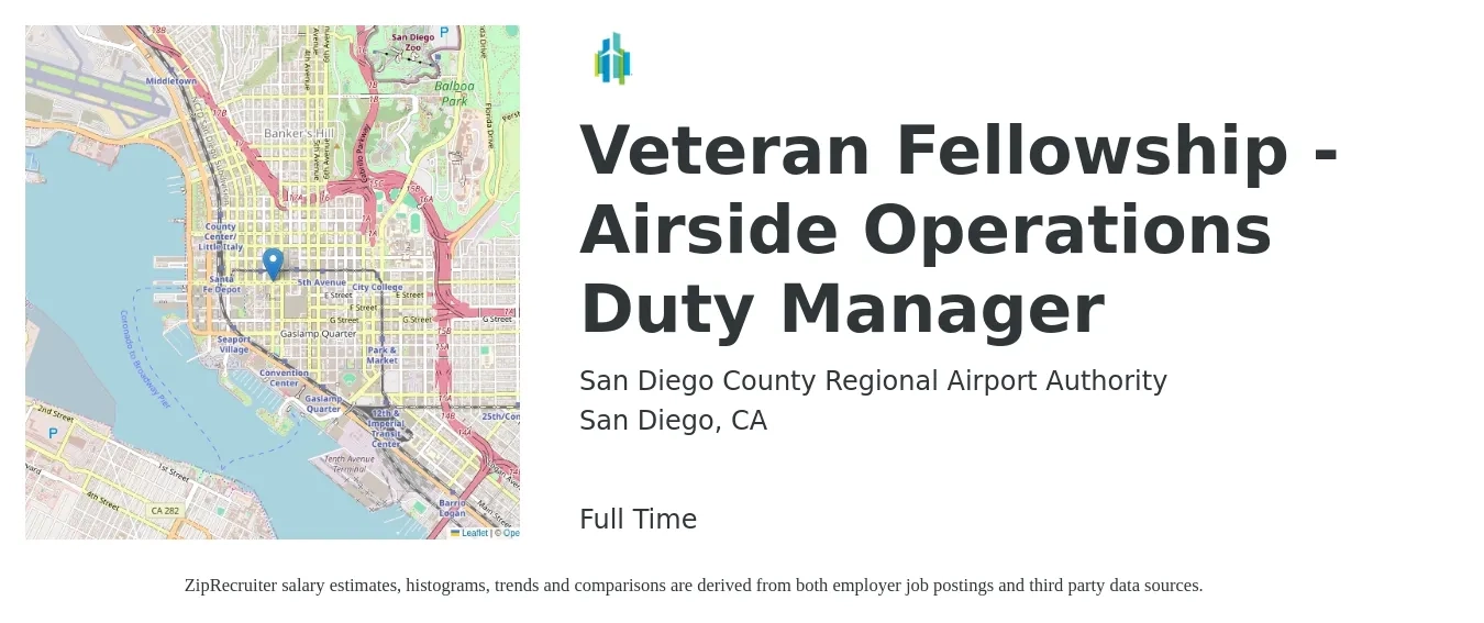 San Diego County Regional Airport Authority job posting for a Veteran Fellowship - Airside Operations Duty Manager in San Diego, CA with a salary of $63,200 to $91,300 Yearly with a map of San Diego location.