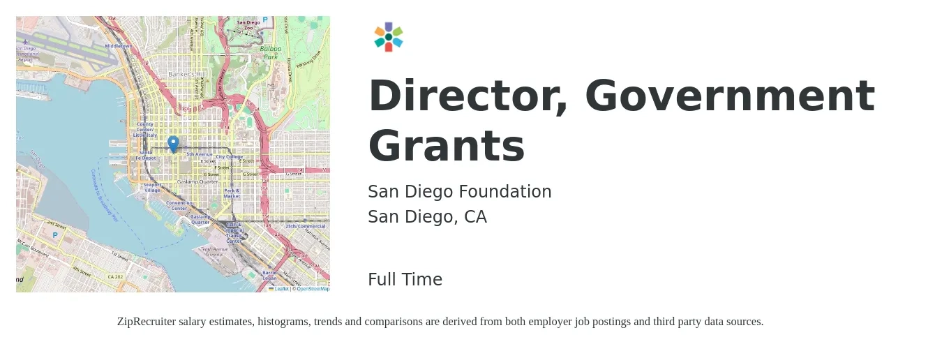 San Diego Foundation job posting for a Director, Government Grants in San Diego, CA with a salary of $74,600 to $117,500 Yearly with a map of San Diego location.