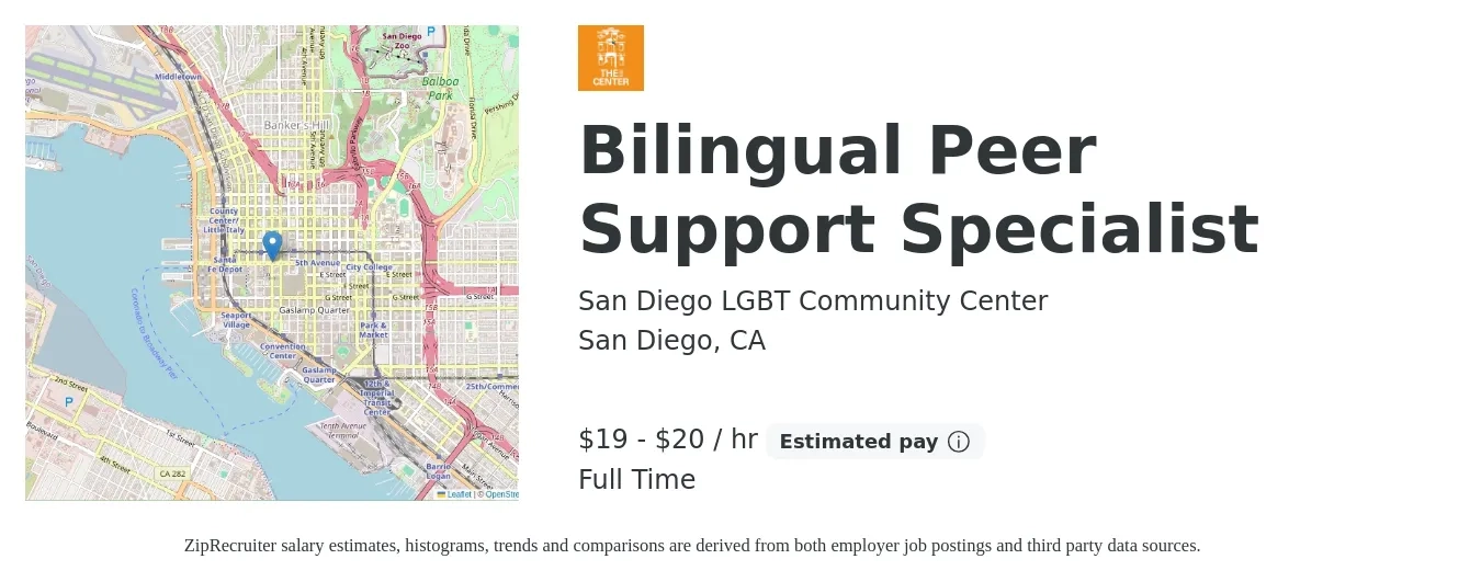 San Diego LGBT Community Center job posting for a Bilingual Peer Support Specialist in San Diego, CA with a salary of $20 to $21 Hourly with a map of San Diego location.