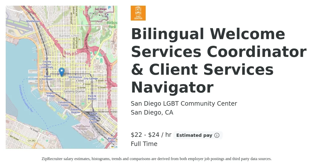 San Diego LGBT Community Center job posting for a Bilingual Welcome Services Coordinator & Client Services Navigator in San Diego, CA with a salary of $23 to $25 Hourly with a map of San Diego location.