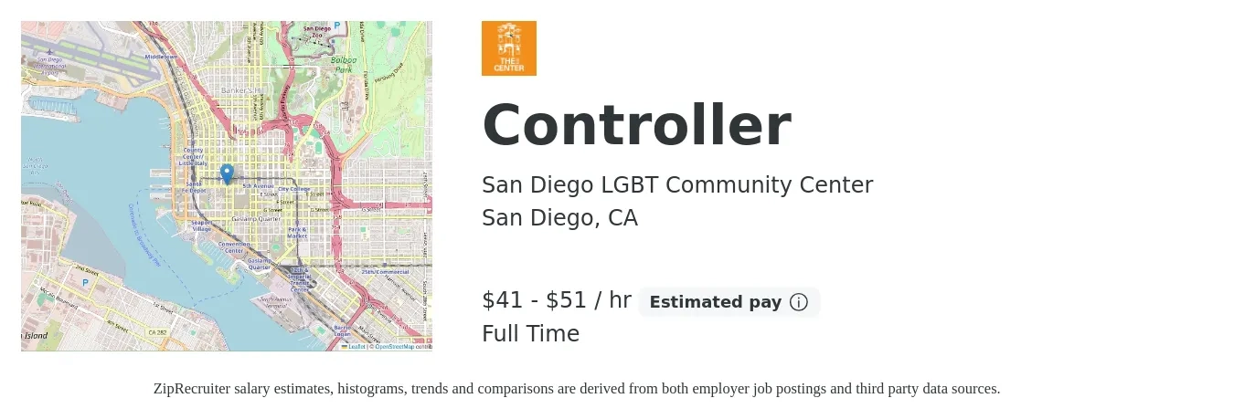San Diego LGBT Community Center job posting for a Controller in San Diego, CA with a salary of $90,000 to $112,000 Yearly with a map of San Diego location.