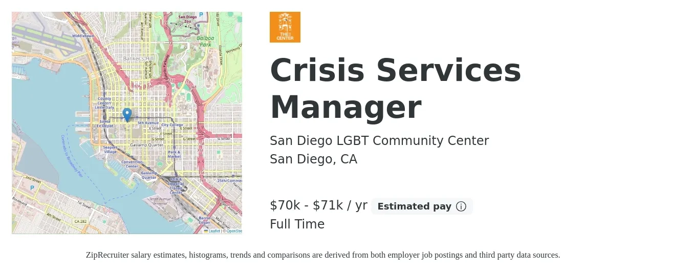San Diego LGBT Community Center job posting for a Crisis Services Manager in San Diego, CA with a salary of $70,096 to $71,000 Yearly with a map of San Diego location.