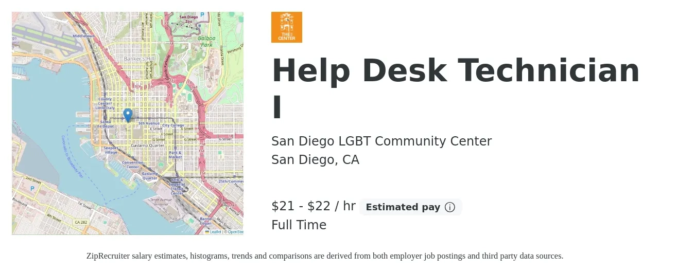 San Diego LGBT Community Center job posting for a Help Desk Technician I in San Diego, CA with a salary of $22 to $23 Hourly with a map of San Diego location.