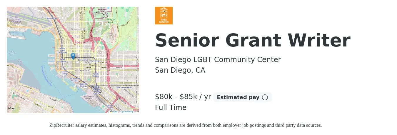 San Diego LGBT Community Center job posting for a Senior Grant Writer in San Diego, CA with a salary of $80,000 to $85,000 Yearly with a map of San Diego location.
