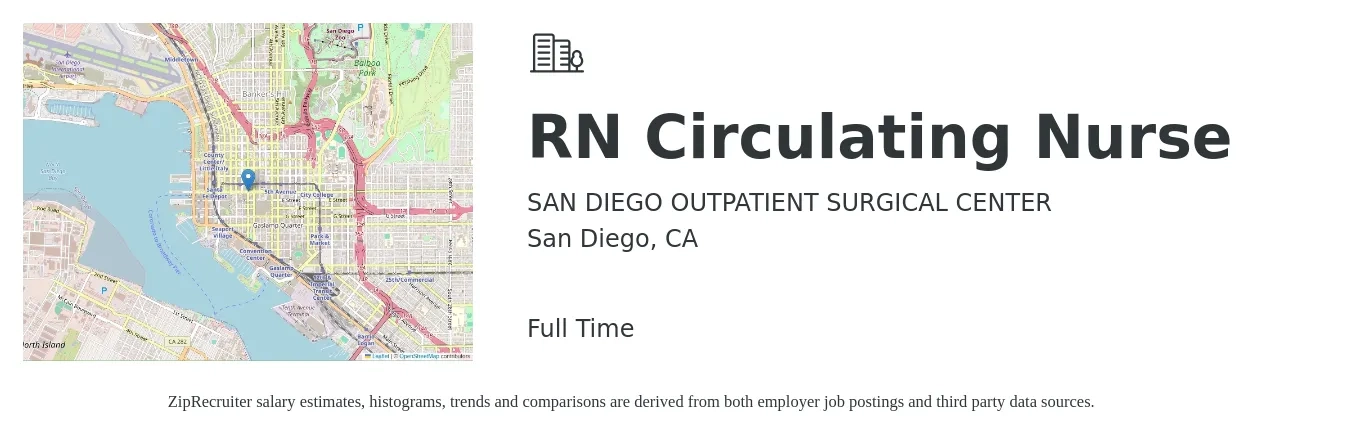 SAN DIEGO OUTPATIENT SURGICAL CENTER job posting for a RN Circulating Nurse in San Diego, CA with a salary of $2,150 to $3,340 Weekly with a map of San Diego location.