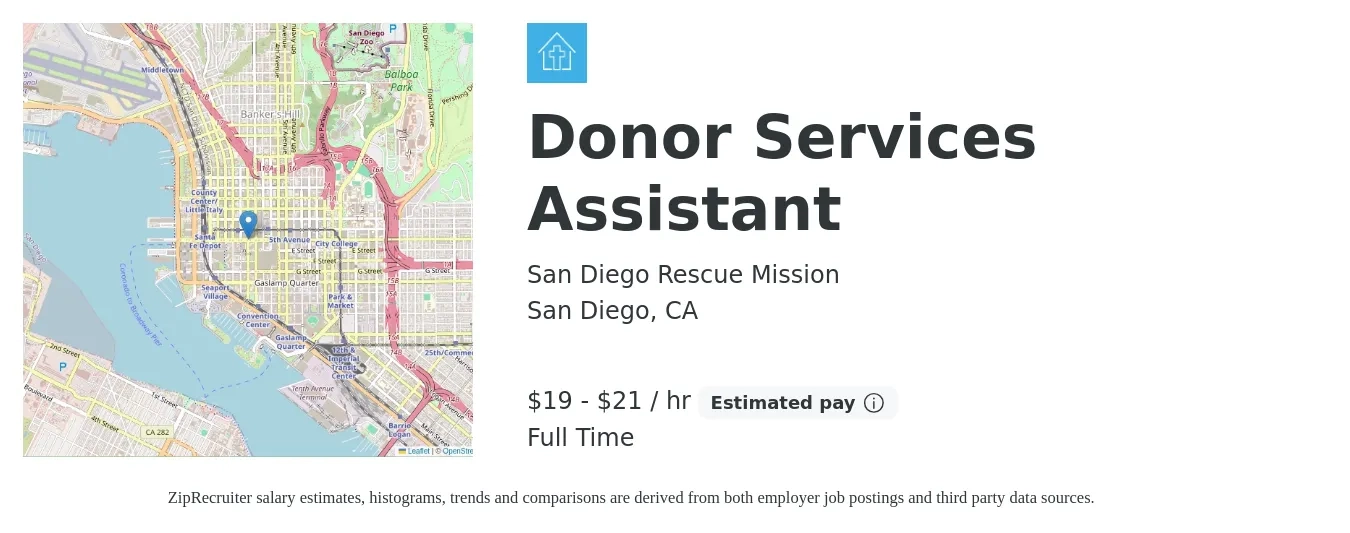 San Diego Rescue Mission job posting for a Donor Services Assistant in San Diego, CA with a salary of $20 to $22 Hourly with a map of San Diego location.