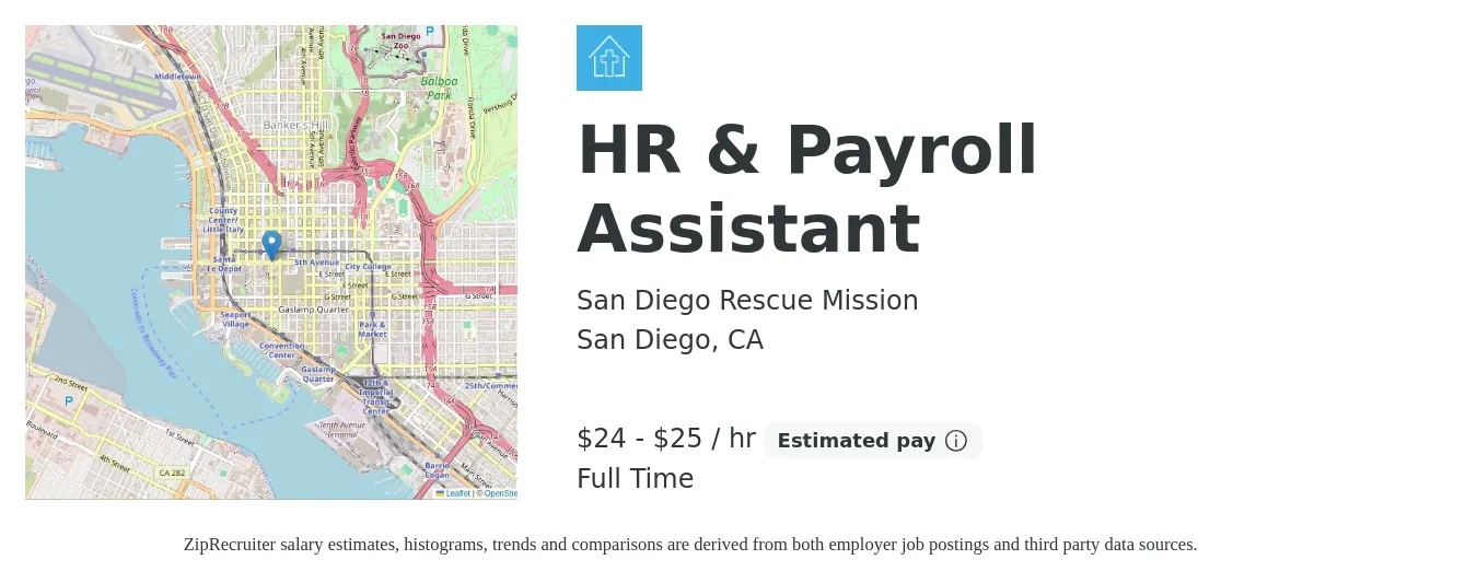San Diego Rescue Mission job posting for a HR & Payroll Assistant in San Diego, CA with a salary of $25 to $27 Hourly with a map of San Diego location.