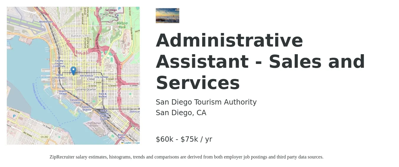 San Diego Tourism Authority job posting for a Administrative Assistant - Sales and Services in San Diego, CA with a salary of $60,440 to $75,550 Yearly with a map of San Diego location.