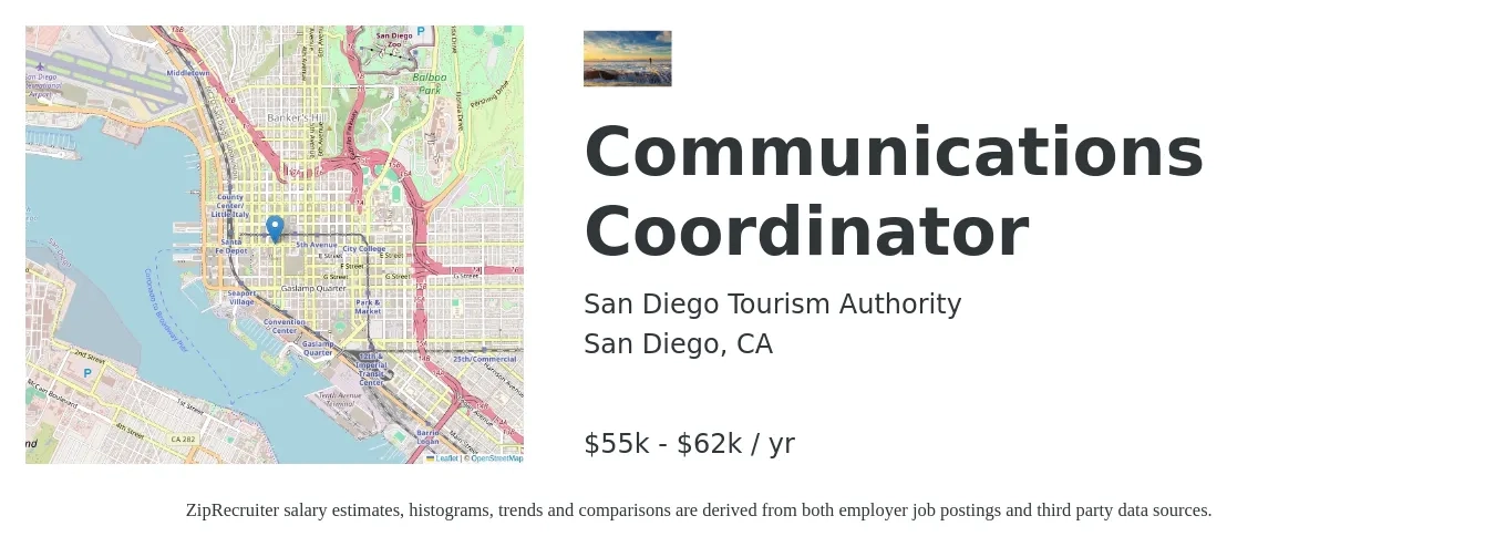 San Diego Tourism Authority job posting for a Communications Coordinator in San Diego, CA with a salary of $55,500 to $62,800 Yearly with a map of San Diego location.