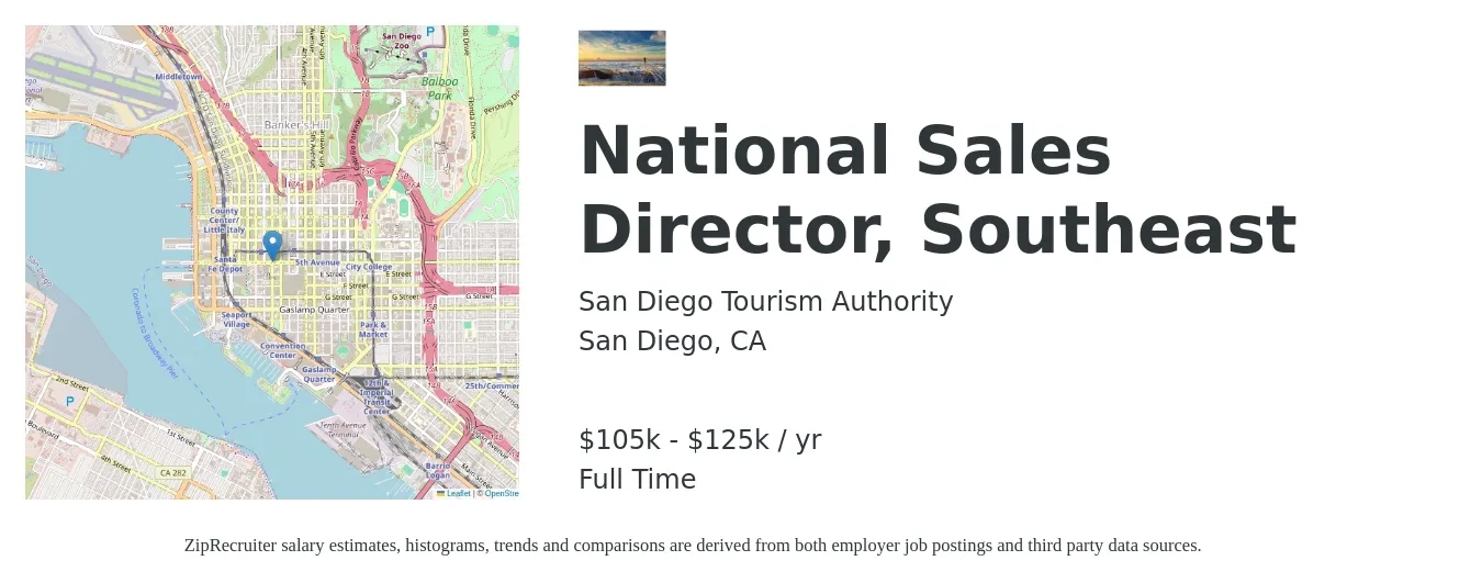 San Diego Tourism Authority job posting for a National Sales Director, Southeast in San Diego, CA with a salary of $105,000 to $125,000 Yearly with a map of San Diego location.