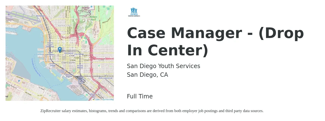 San Diego Youth Services job posting for a Case Manager - (Drop In Center) in San Diego, CA with a salary of $20 to $26 Hourly with a map of San Diego location.