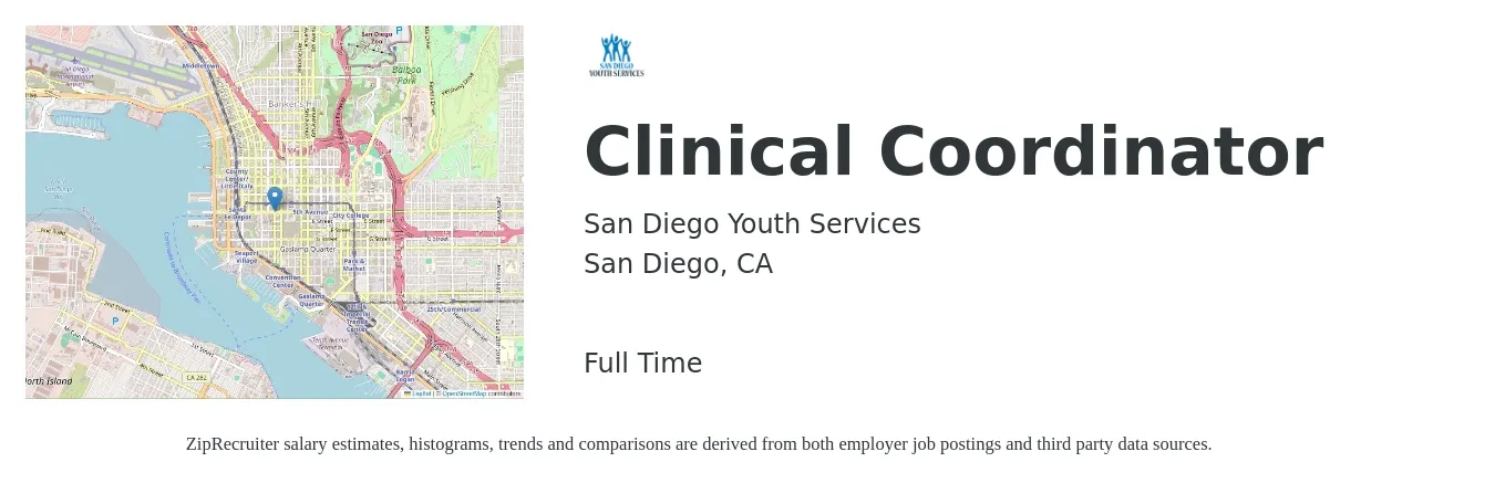 San Diego Youth Services job posting for a Clinical Coordinator in San Diego, CA with a salary of $22 to $36 Hourly with a map of San Diego location.