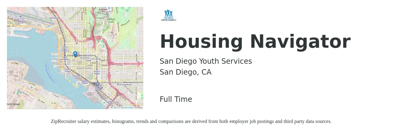 San Diego Youth Services job posting for a Housing Navigator in San Diego, CA with a salary of $20 to $26 Hourly with a map of San Diego location.