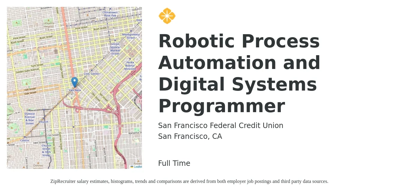 San Francisco Federal Credit Union job posting for a Robotic Process Automation and Digital Systems Programmer in San Francisco, CA with a salary of $48 to $53 Hourly with a map of San Francisco location.