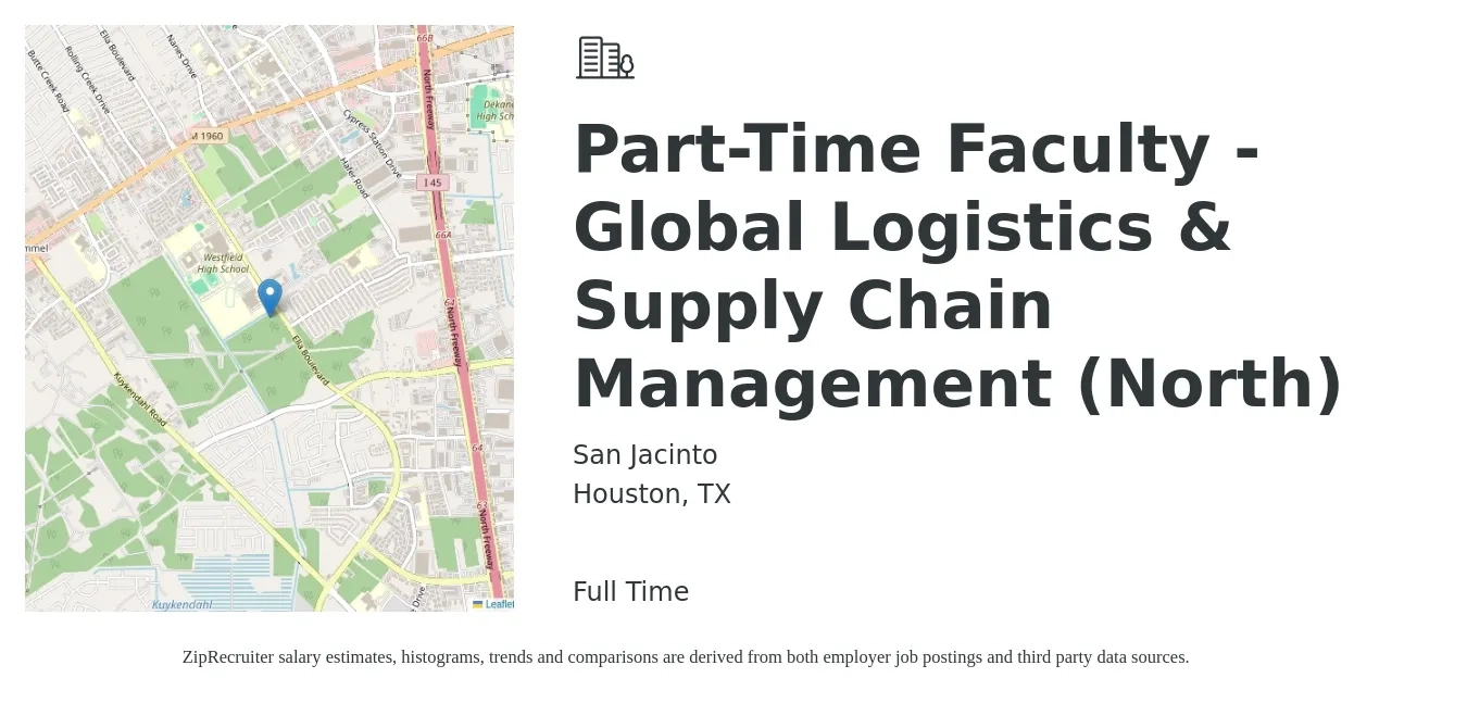 San Jacinto job posting for a Part-Time Faculty - Global Logistics & Supply Chain Management (North) in Houston, TX with a map of Houston location.