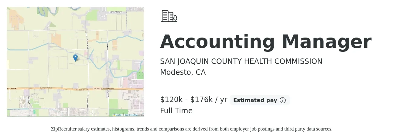 SAN JOAQUIN COUNTY HEALTH COMMISSION job posting for a Accounting Manager in Modesto, CA with a salary of $120,120 to $176,165 Yearly with a map of Modesto location.