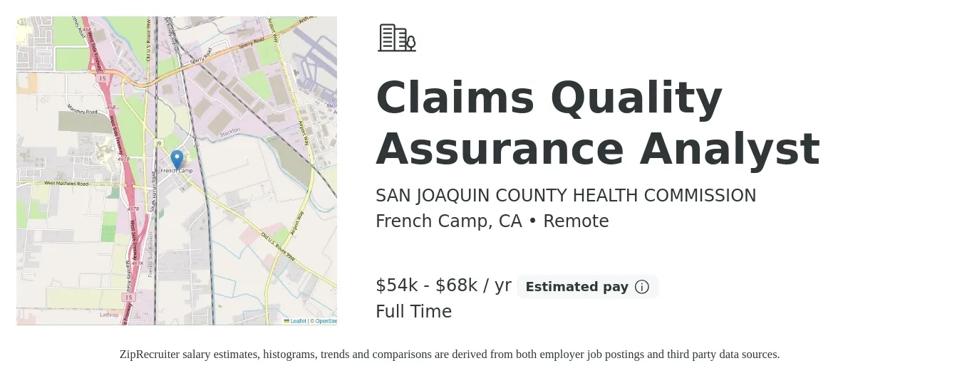 SAN JOAQUIN COUNTY HEALTH COMMISSION job posting for a Claims Quality Assurance Analyst in French Camp, CA with a salary of $54,075 to $68,435 Yearly with a map of French Camp location.