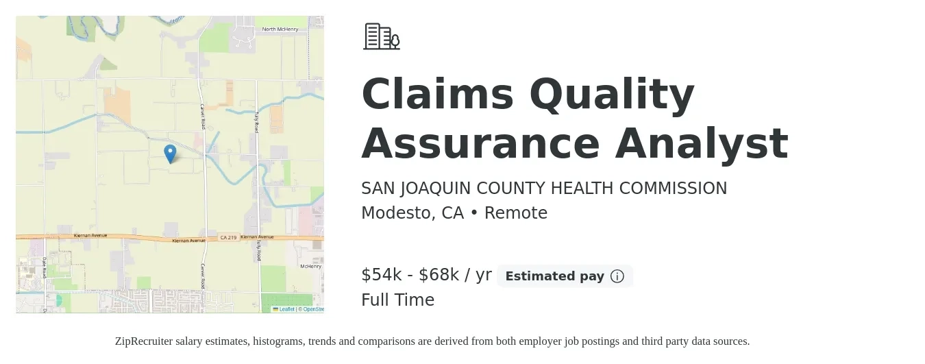 SAN JOAQUIN COUNTY HEALTH COMMISSION job posting for a Claims Quality Assurance Analyst in Modesto, CA with a salary of $54,075 to $68,435 Yearly with a map of Modesto location.