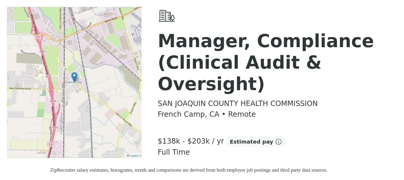 SAN JOAQUIN COUNTY HEALTH COMMISSION job posting for a Manager, Compliance (Clinical Audit & Oversight) in French Camp, CA with a salary of $138,075 to $203,990 Yearly with a map of French Camp location.