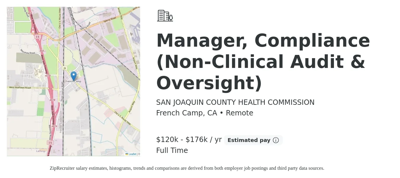 SAN JOAQUIN COUNTY HEALTH COMMISSION job posting for a Manager, Compliance (Non-Clinical Audit & Oversight) in French Camp, CA with a salary of $120,120 to $176,165 Yearly with a map of French Camp location.