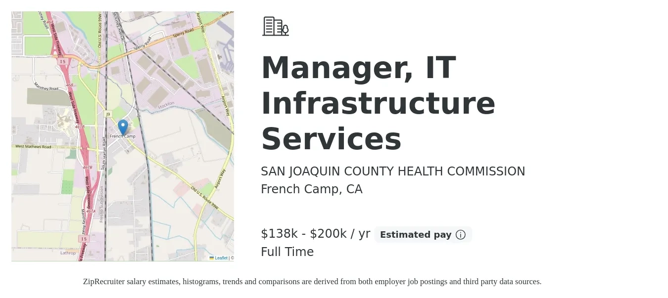 SAN JOAQUIN COUNTY HEALTH COMMISSION job posting for a Manager, IT Infrastructure Services in French Camp, CA with a salary of $138,075 to $200,990 Yearly with a map of French Camp location.
