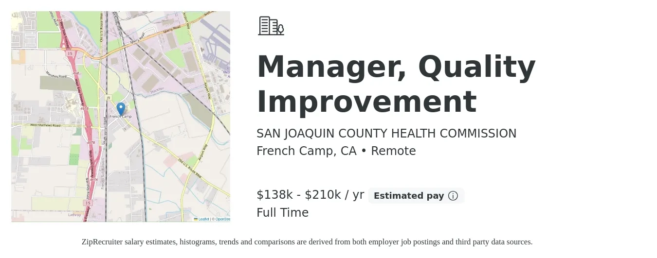 SAN JOAQUIN COUNTY HEALTH COMMISSION job posting for a Manager, Quality Improvement in French Camp, CA with a salary of $138,075 to $210,000 Yearly with a map of French Camp location.