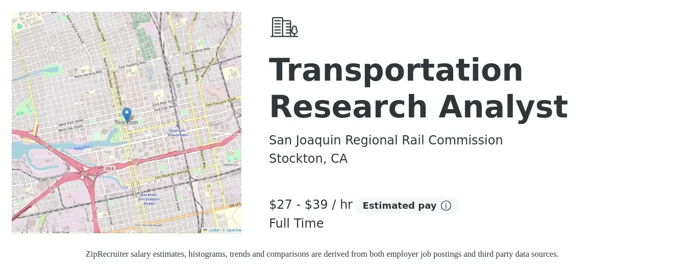 San Joaquin Regional Rail Commission job posting for a Transportation Research Analyst in Stockton, CA with a salary of $29 to $41 Hourly with a map of Stockton location.