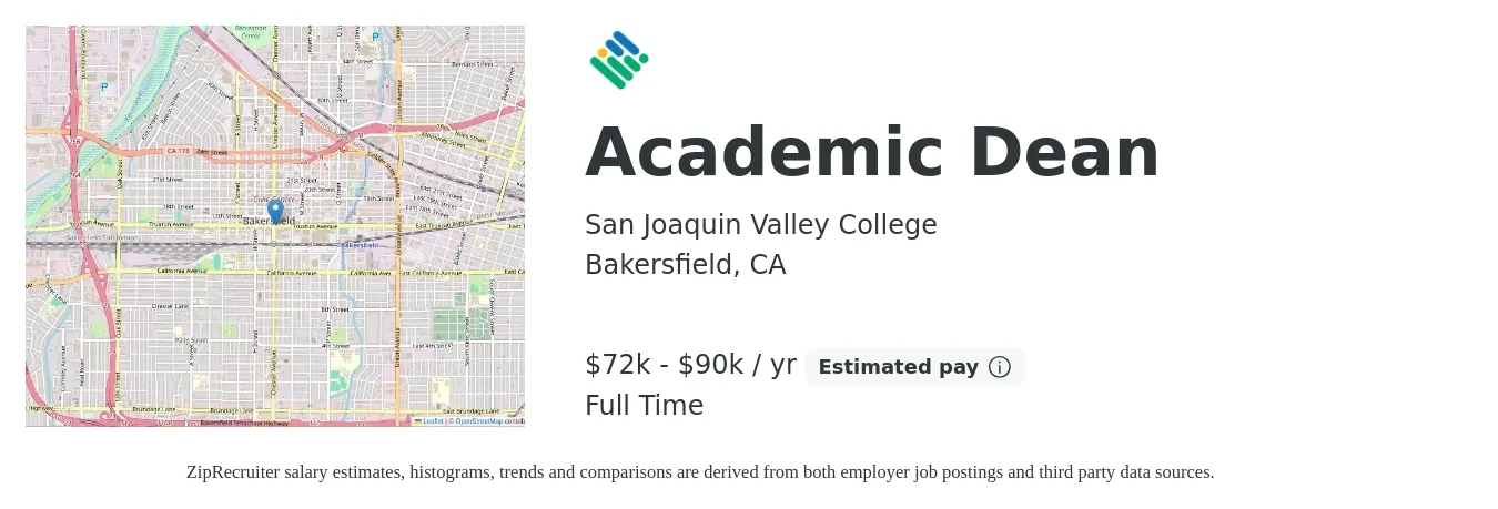 San Joaquin Valley College job posting for a Academic Dean in Bakersfield, CA with a salary of $72,000 to $90,000 Yearly with a map of Bakersfield location.
