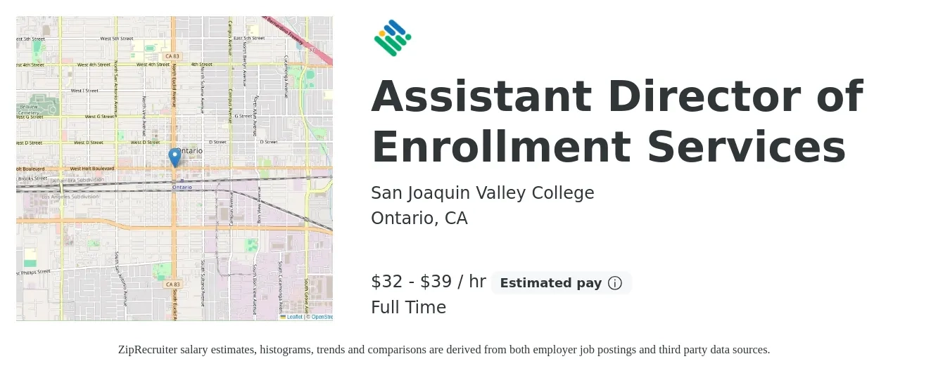 San Joaquin Valley College job posting for a Assistant Director of Enrollment Services in Ontario, CA with a salary of $70,000 to $85,000 Yearly with a map of Ontario location.