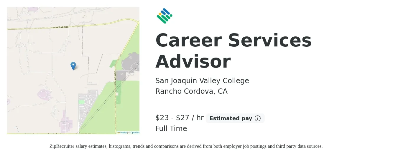 San Joaquin Valley College job posting for a Career Services Advisor in Rancho Cordova, CA with a salary of $24 to $28 Hourly with a map of Rancho Cordova location.