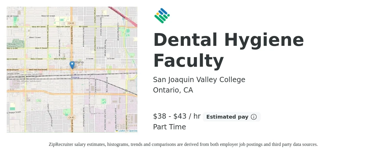 San Joaquin Valley College job posting for a Dental Hygiene Faculty in Ontario, CA with a salary of $33 to $42 Hourly with a map of Ontario location.