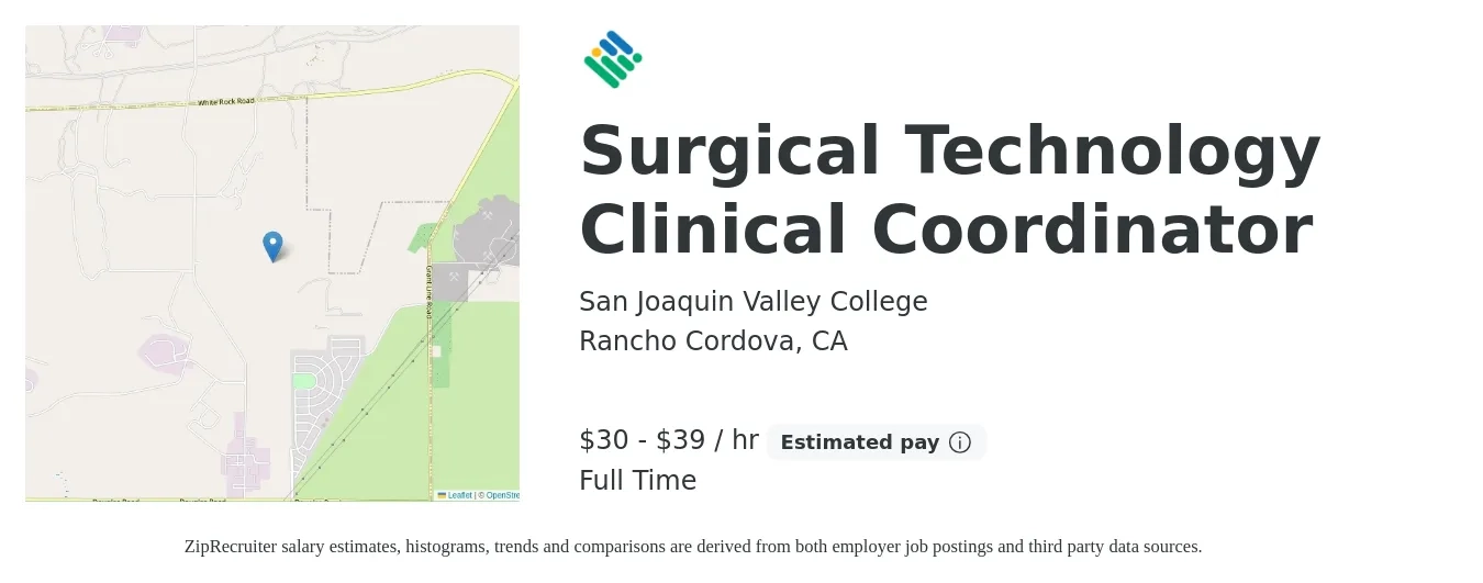 San Joaquin Valley College job posting for a Surgical Technology Clinical Coordinator in Rancho Cordova, CA with a salary of $66,560 to $80,000 Yearly with a map of Rancho Cordova location.