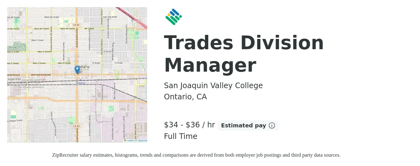 San Joaquin Valley College job posting for a Trades Division Manager in Ontario, CA with a salary of $75,000 to $80,000 Yearly with a map of Ontario location.