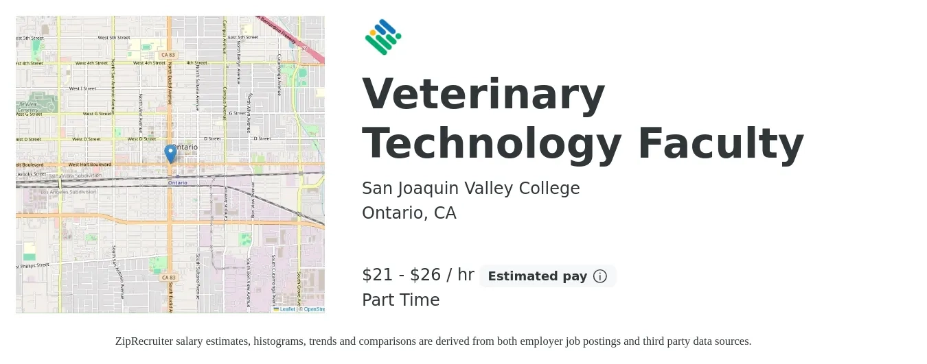 San Joaquin Valley College job posting for a Veterinary Technology Faculty in Ontario, CA with a salary of $22 to $28 Hourly with a map of Ontario location.
