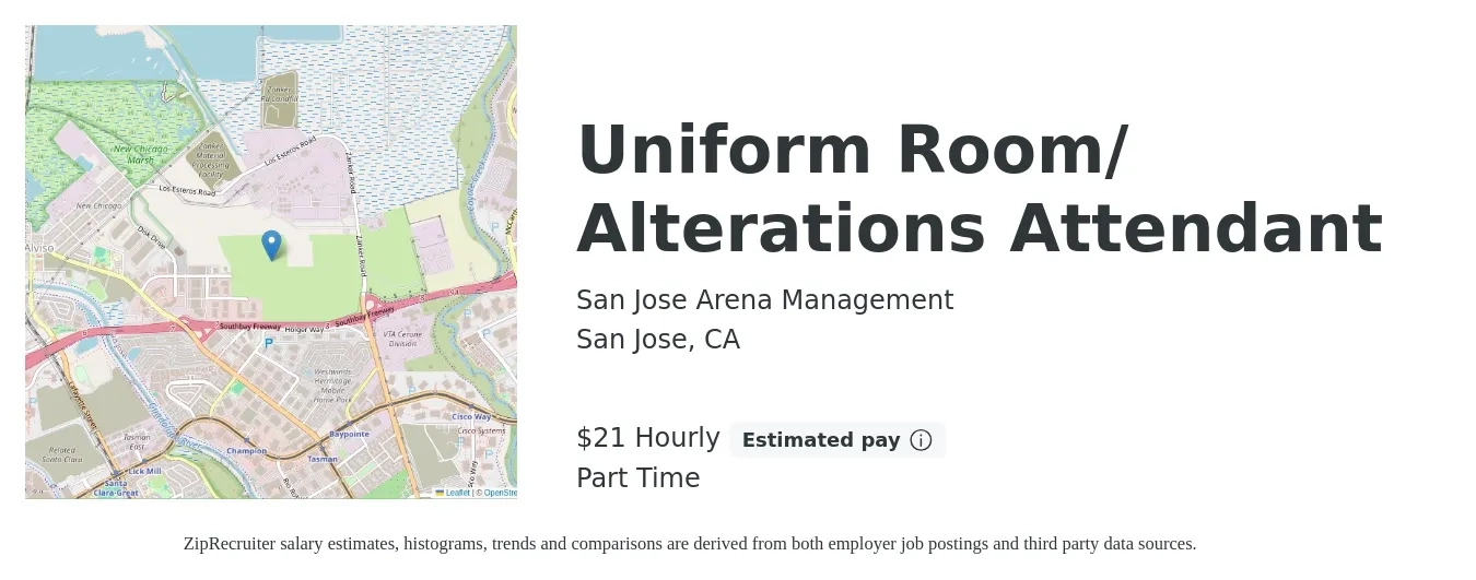 San Jose Arena Management job posting for a Uniform Room / Alterations Attendant in San Jose, CA with a salary of $23 Hourly with a map of San Jose location.