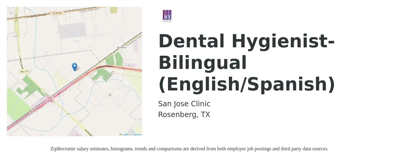 San Jose Clinic job posting for a Dental Hygienist- Bilingual (English/Spanish) in Rosenberg, TX with a salary of $31 to $41 Hourly with a map of Rosenberg location.