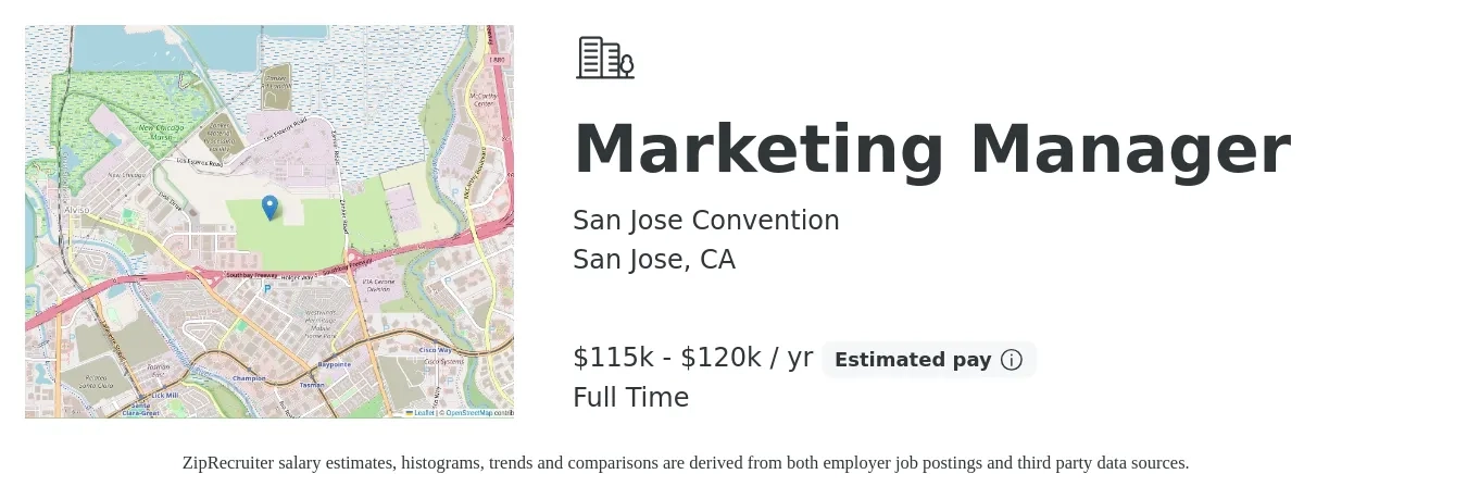 San Jose Convention job posting for a Marketing Manager in San Jose, CA with a salary of $115,000 to $120,000 Yearly with a map of San Jose location.