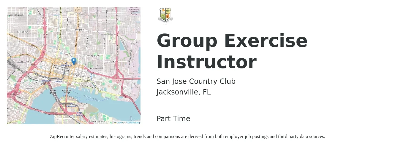 San Jose Country Club job posting for a Group Exercise Instructor in Jacksonville, FL with a salary of $16 to $27 Hourly with a map of Jacksonville location.