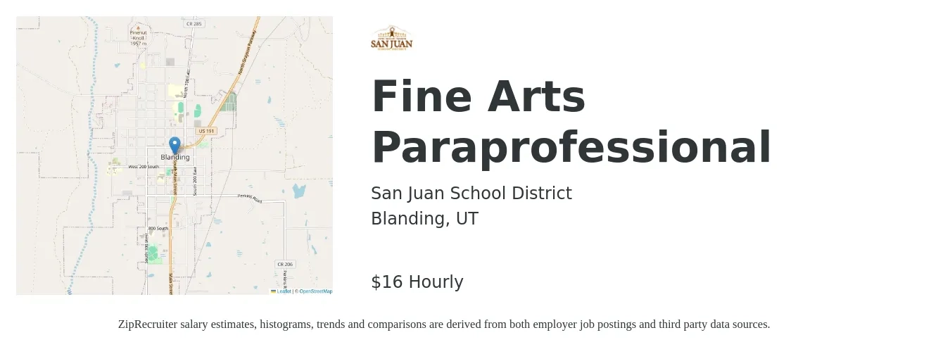 San Juan School District job posting for a Fine Arts Paraprofessional in Blanding, UT with a salary of $17 Hourly with a map of Blanding location.
