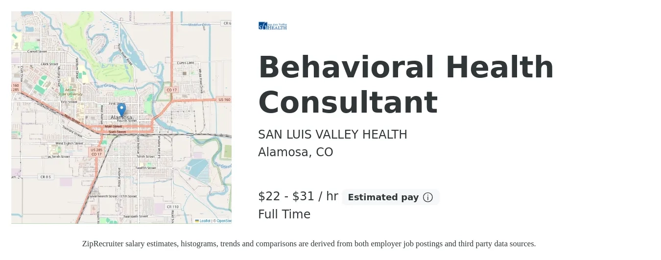 SAN LUIS VALLEY HEALTH job posting for a Behavioral Health Consultant in Alamosa, CO with a salary of $23 to $32 Hourly with a map of Alamosa location.