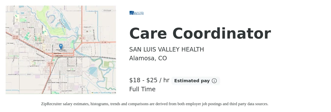 SAN LUIS VALLEY HEALTH job posting for a Care Coordinator in Alamosa, CO with a salary of $19 to $27 Hourly with a map of Alamosa location.
