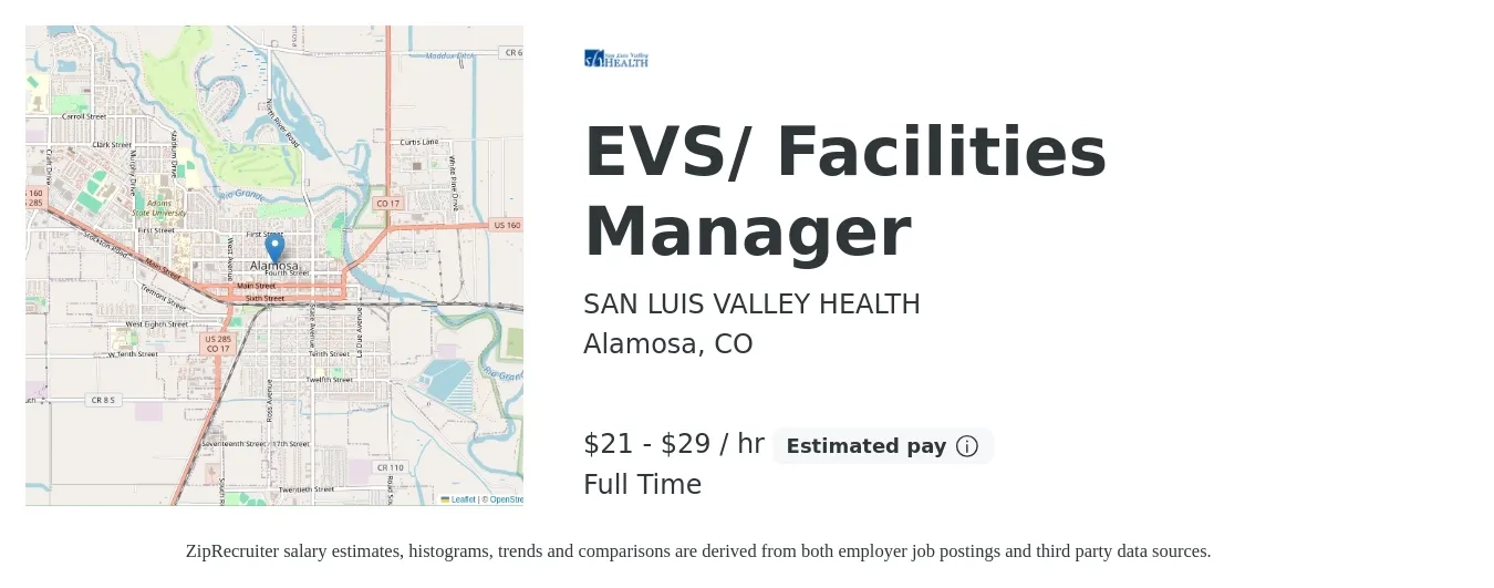 SAN LUIS VALLEY HEALTH job posting for a EVS/ Facilities Manager in Alamosa, CO with a salary of $22 to $31 Hourly with a map of Alamosa location.