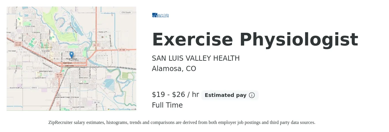 SAN LUIS VALLEY HEALTH job posting for a Exercise Physiologist in Alamosa, CO with a salary of $20 to $28 Hourly with a map of Alamosa location.