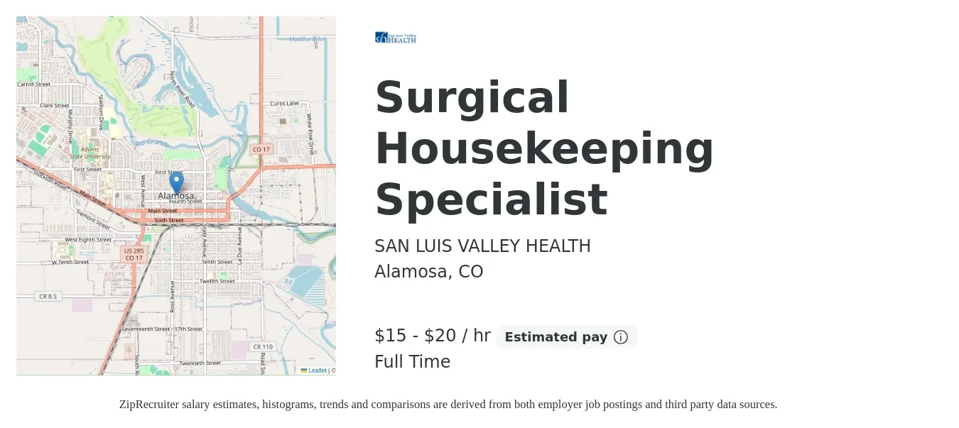 SAN LUIS VALLEY HEALTH job posting for a Surgical Housekeeping Specialist in Alamosa, CO with a salary of $16 to $22 Hourly with a map of Alamosa location.