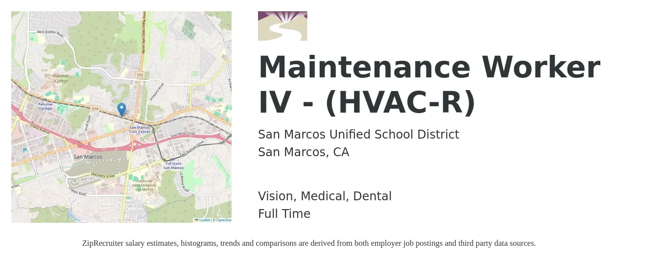 San Marcos Unified School District job posting for a Maintenance Worker IV - (HVAC-R) in San Marcos, CA with a salary of $5,045 to $5,558 Monthly and benefits including medical, vision, dental, and life_insurance with a map of San Marcos location.