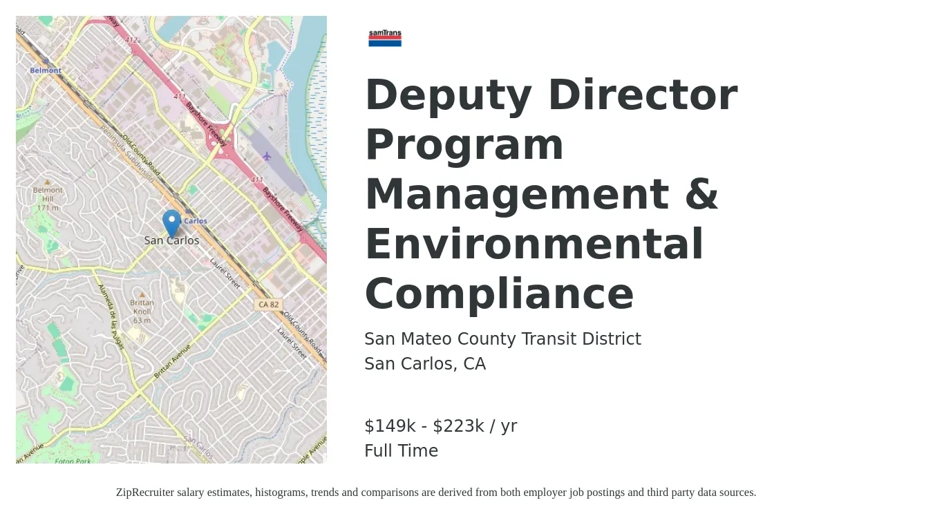 San Mateo County Transit District job posting for a Deputy Director Program Management & Environmental Compliance in San Carlos, CA with a salary of $93,000 to $134,600 Yearly with a map of San Carlos location.