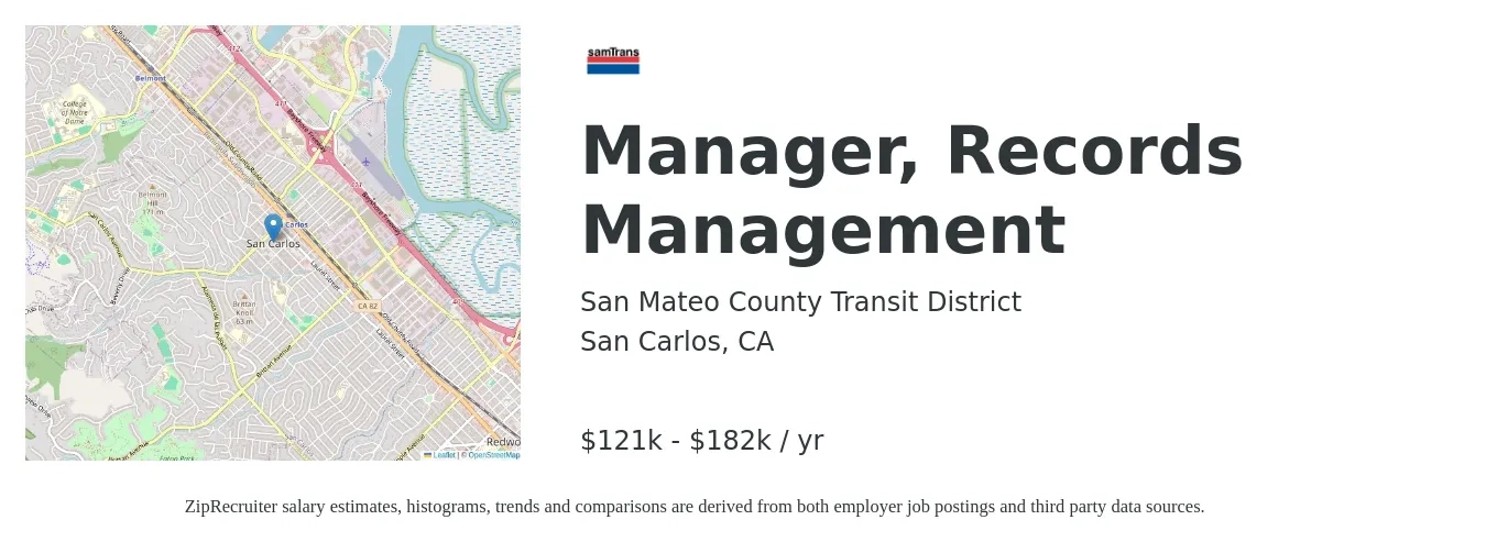San Mateo County Transit District job posting for a Manager, Records Management in San Carlos, CA with a salary of $59,200 to $113,500 Yearly with a map of San Carlos location.