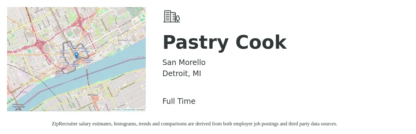 San Morello job posting for a Pastry Cook in Detroit, MI with a salary of $17 to $21 Hourly with a map of Detroit location.